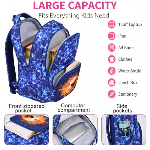 3PCS Kids Backpack Set, School Backpack with Lunch Bag & Pencil Case, Lightweight Waterproof Bookbag for Kids (Flame Soccer Blue) - color: Flame Soccer Blue