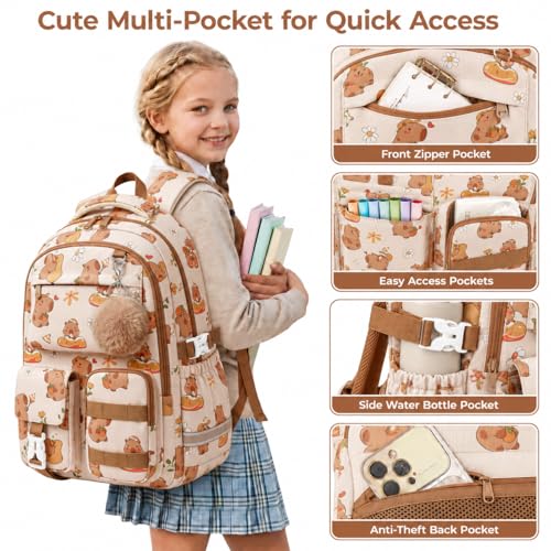 WOBAGMEN Cute Capybara Backpack for Teen Girls, Large Capacity Multi-Pocket School Bag Fits 15.6" Laptop, Lightweight Durable Daypack for School and Travel (Capybara, M) - color: Capybara