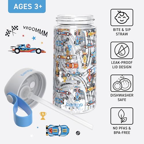 Bentgo Kids Water Bottle - Leak-Proof, Durable Tritan PFAS- & BPA-Free 15 fl oz, Kids/Toddlers Ages 3+ for School & Sports; Bite & Sip Spout, Carrying Handle, Dishwasher Safe (NEW Race Cars) - color: Race Cars