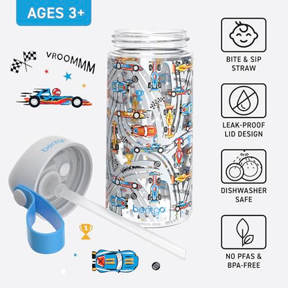 Bentgo Kids Water Bottle - Leak-Proof, Durable Tritan PFAS- & BPA-Free 15 fl oz, Kids/Toddlers Ages 3+ for School & Sports; Bite & Sip Spout, Carrying Handle, Dishwasher Safe (NEW Race Cars) - color: Race Cars