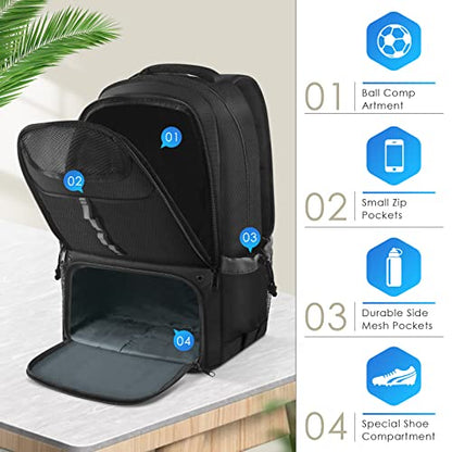 BROTOU Soccer Backpack Sports Bag with Ball Holder and Shoe Compartment for Football Basketball Volleyball Rugby - color: Black