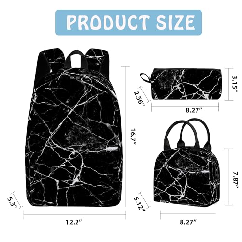 3PCS Marble Backpack Set for Teens Elementary Middle High School, 17 Inch Lightweight Classic Backpack 3 in 1 Set for Girls Boys, Kids Back to School Backpack with Lunch Box Pencil Case - color: Black Marble