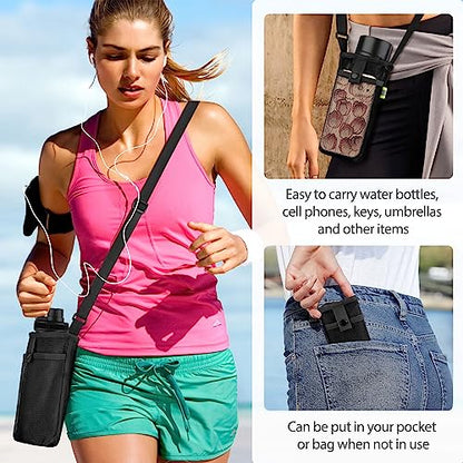 BINSUNS 2 Pcs Large Water Bottle Bag with Strap, Mesh Water Bottle Carrier Holder Crossbody Water Sling Bag Shoulder Strap and Pocket - Walking Sports Hiking Camping (Black+Beige) - color: Black+Beige, size: 2 Pcs-Large