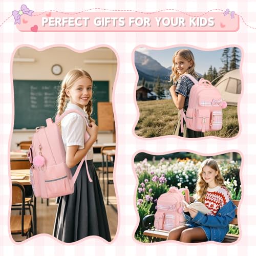 MOONBABY Girls Backpack, Kids Backpack for Girls School Bags with Pen Case, Bow Plaid Book Bag for Elementary Middle Primary High School College, Pink-2pcs - color: Pink