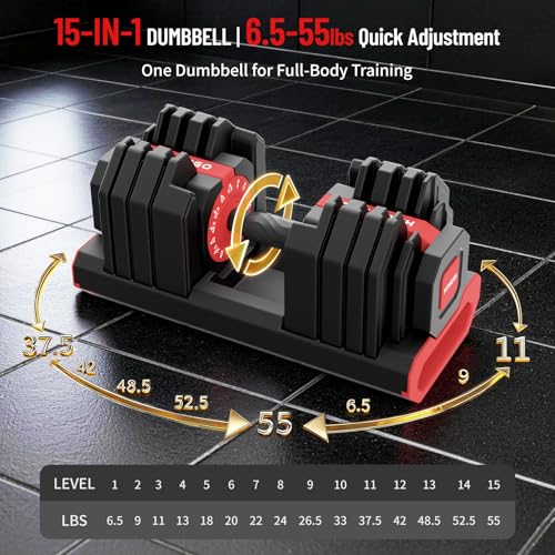 HXD-ERGO 15 in 1 Adjustable Dumbbell Weight, 1-Second Quick Change Weights, 55/110 LBS Free Weights with Anti-Slip Grip & Secure Lock, Space-Saving Home Gym Equipment for Men Women Full Body Workout - color: 55LBS, style: Single