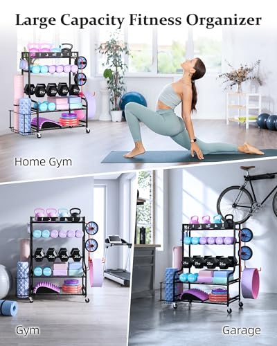 Mythinglogic Weight Rack for Dumbbells, Home Gym Storage for Yoga Mat Dumbbells Kettlebells and Strength Training Equipment, Dumbbell Rack with Wheels and Hanging Hooks - color: New Black
