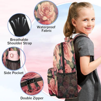 Retro Pink Rose Womens Travel Backpack | 15.6 Inch Laptop Backpack, Lightweight Casual Daypack, Water Resistant, Cute Work Backpacks, Large Capacity - color: Multicolor4