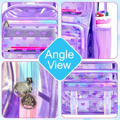 KLFVB 3PCS Transparent Backpack Heavy Duty, Girls See Through School Bag Set, Cute Clear Bookbag for Women - Heart Love Purple - color: Heart Love Purple Clear Backpack