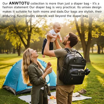 ANWTOTU Leather Baby Diaper Bags with Changing Station,Extra large Capacity Baby Diaper Bag Backpack,Waterproof Baby Essentials(Black) - color: Black-l