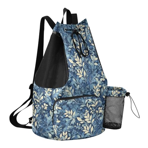 Yuiboo Blue Leaf Women Mens Drawstring Backpack Sport Gym Sackpack with Water Bottle Holder String Bag for School Wet and Dry Separation