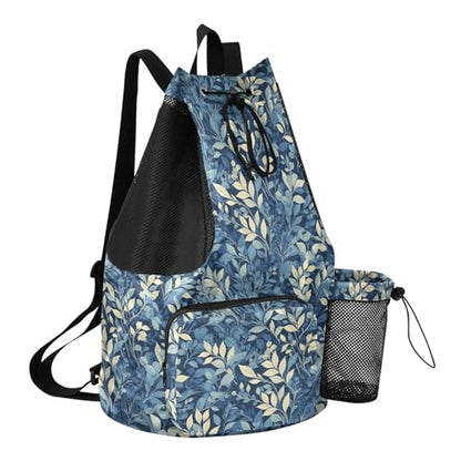 Yuiboo Blue Leaf Women Mens Drawstring Backpack Sport Gym Sackpack with Water Bottle Holder String Bag for School Wet and Dry Separation