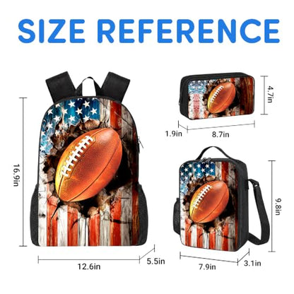 3PCS Football Backpack for Boys Girls Teens, School Backpack with Lunch Box Pencil Case for Elementary Middle High Students, 17 Inch Lightweight Bookpack 3 in 1 Set Back to Shool Supplies for Kids - color: American Flag Football S01