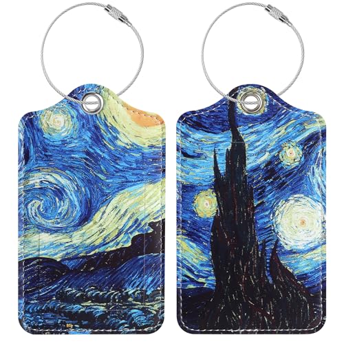 Luggage Tags for Suitcases, 2 Pack Cute PU Leather Luggage Tag TSA Approved with Stainless Steel Loop and Address Card Baggage Tag for Travel&Cruise Ships&Shipping Starry Night, by Chelmon - color: Starry Night
