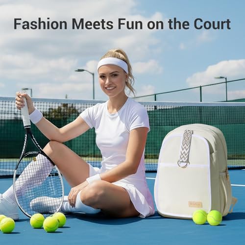 Tennis Bag for Women Girl, Stylish Quilted Tennis Pickleball Racket Backpack Wet Pocket, Women Weekend Bag for Travel - color: Beige