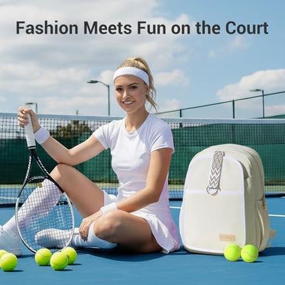 Tennis Bag for Women Girl, Stylish Quilted Tennis Pickleball Racket Backpack Wet Pocket, Women Weekend Bag for Travel - color: Beige