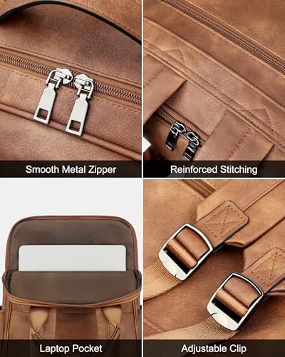 MASINTOR 15.6 inch PU Leather Laptop Backpack Purse for Women, Large College Casual Backpack Travel Bag Mocha Brown - color: Mocha Brown