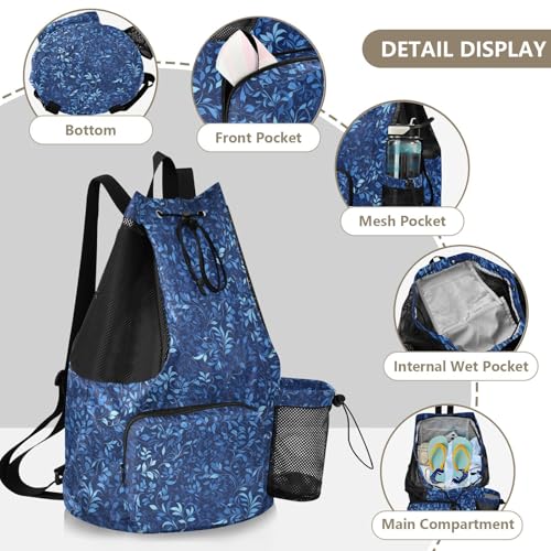 Yuiboo Dark Blue Leaves Drawstring Backpack Gym Swim Bag with Water Bottle Pocket String Backpack Bag Wet and Dry Separation