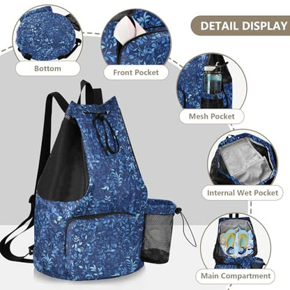 Yuiboo Dark Blue Leaves Drawstring Backpack Gym Swim Bag with Water Bottle Pocket String Backpack Bag Wet and Dry Separation