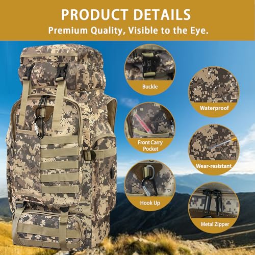 80L Camping Hiking Backpack, Large Military Tactical Backpack with USB Charging Port, Waterproof Travel Daypack With Carabiner Outdoor MOLLE Rucksack for Men Women (Camo) - color: 80l Camo-biner