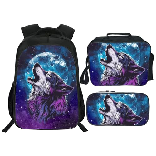Kids Backpack School Bookbag 16inch Schoolbag With Lunch Box Bag And Pencil Case Set For Boys Girls - color: Wolf
