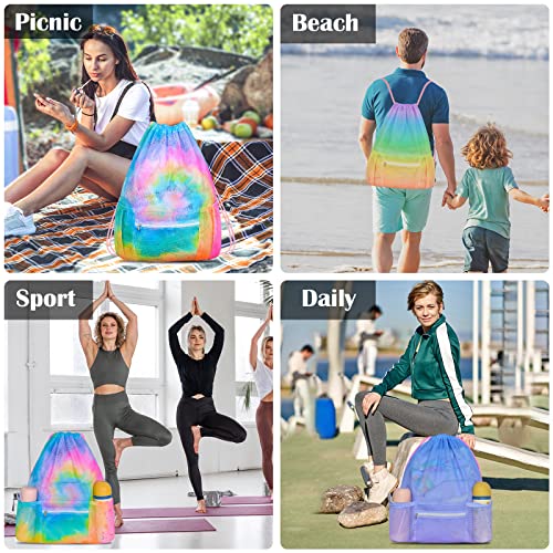 Mesh Drawstring Bag with Zipper Pocket, Beach Bag for Swimming Gear Backpack Gym Storage Bag for Adult - color: Rainbow