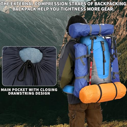 75L Hiking Backpack with Rain Cover Waterproof Camping Backpack Shoes Warehouse for Men Women, Frameless - color: Blue, size: 60L