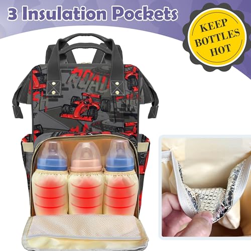 Custom Diaper Bag with Name, Personalized School Bag for Boys Red Car Pattern, Monogram Nappy Backpack with Thermal Pockets for Adults, Large Capacity Waterproof Diaper Bag, Travel Gifts - color: Red Car