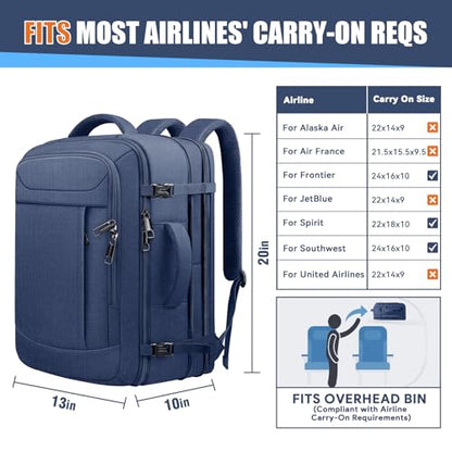 Expandable Carry On Backpack 45L, Large Travel Weekender Bag with Waterproof Wet Pocket, Anti-Theft TSA 18 Inch Laptop Rucksack for Men Women Flight Approved Business, Blue - color: Blue, size: XX-Large