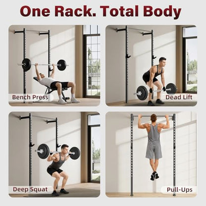 SPORTSOUL Wall Mounted Power Cage, 900lbs Squat Rack with Pull Up Bar for Home Gym, Space-Saving 2"x2" Pull-Up Station with Adjustable J-Hooks for Garage & Apartment - color: Black