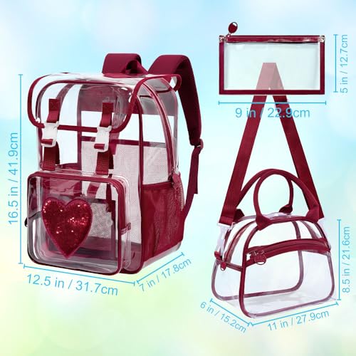 17" Clear Backpack for Girls, School Kids Transparent Bookbag Set, 3Pcs Stadium Approved See Through Backpack with Lunch Box (Dark Red) - color: Clear Sequins Dark Red