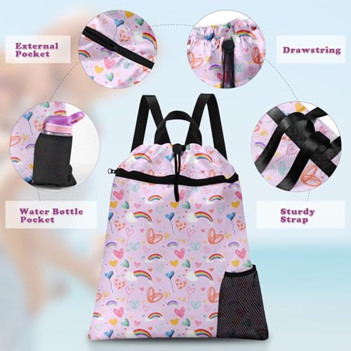 Pink Rainbow Drawstring Backpack, 15” x 17” Waterproof Swim Bag for Beach Swimming Pool, Lightweight Foldable Gym Bag with Water Bottle Holder for Sports Travel - color: Pink Rainbow