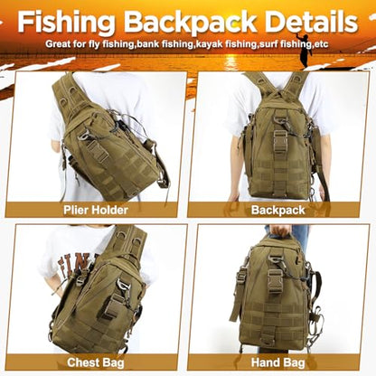 RoundFunny 85 Pcs Fishing Backpack with Tackle Boxes, Tackle Sling Bag with Rod Holder, Fish Lures and Pliers, Fish Tools Gears & Equipment Father's Day Fishing Gift for Dad Men - color: Khaki