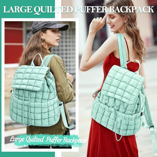 Quilted Puffer Backpack for Women Lightweight Soft Puffy Backpack Purse Casual Daily Drawstring Flap Daypack (Pine Green) - color: Pine Green
