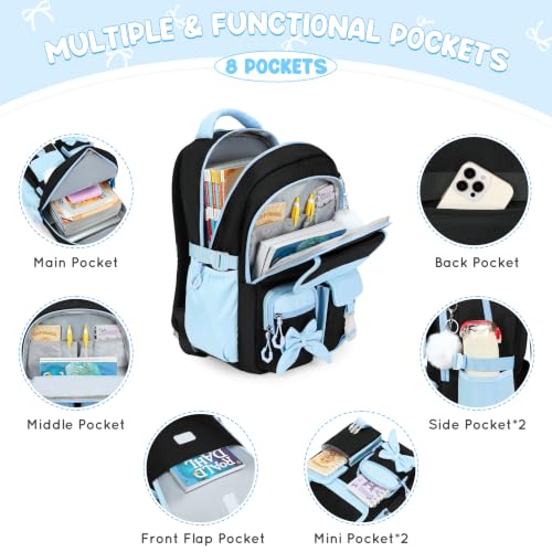 Kids Backpack for Girls, 3PCS School Backpack Set with Insulated Lunch Box & Pencil Case, Waterproof Lightweight Bookbag for Elementary & Middle School, Cute Bow Travel Daypack Black-Blue - color: Black-blue