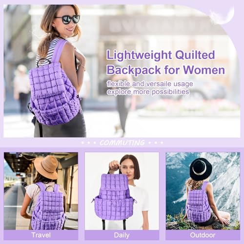 XSUIOY Quilted Backpack Purse for Women Small Lightweight Puffer Puffy College Laptop Backpack Nylon Casual Bookbag Daypack Top Flap Drawstring Padding Hiker Travel Gym Backpack(Purple) - color: Purple