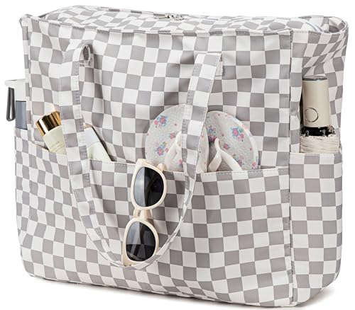 LEDAOU Beach Bag Waterproof Sandproof Women Beach Tote Pool Bag with Zipper for Swim Gym Grocery Travel with Wet Pocket | Sandproof - color: Checkered-light Gray