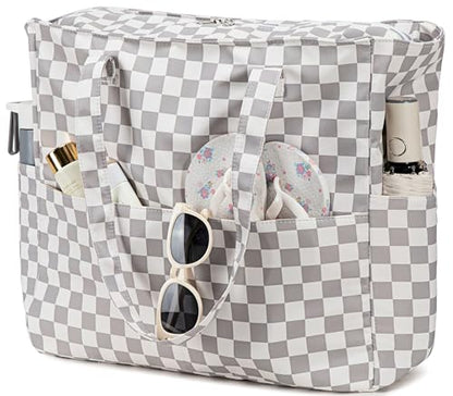 LEDAOU Beach Bag Waterproof Sandproof Women Beach Tote Pool Bag with Zipper for Swim Gym Grocery Travel with Wet Pocket | Sandproof - color: Checkered-light Gray
