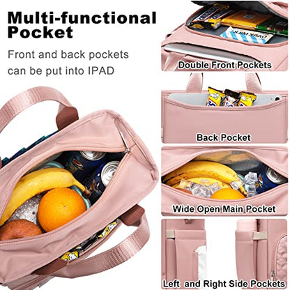 AIJIEKE Large Insulated Lunch Bag for Women, Leakproof Work Lunch Box Tote | Keeps food fresh 8-12 hours. Spacious multi-pocket design with a removable strap. Water-resistant and easy-wipe interior - color: Pink
