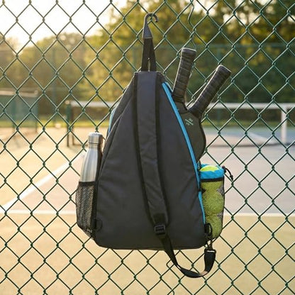 Pickleball Sling Bag with Shoe Compartment - Crossbody Backpack Fits 2 Paddles, 32oz Bottle & Fence Hook, Sports Bag for Men & Women (Shoe Limit: up to US Men's 10 / Women's 11.5) - color: Grey/Blue