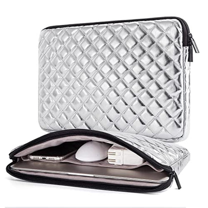 Puffy Laptop Sleeve 11 12 13 13.3 14 15 15.6 inch Puffy Laptop Case Protective Bag Quilted PU Leather Lined Padded - color: Silver Quilted, size: 11-12 Inch