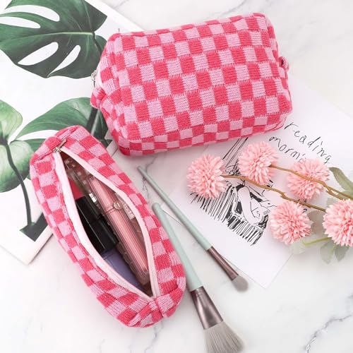 3 Pcs Makeup Bag Cosmetic Bag Set for Girls Women Checkered Travel Organizer Bathroom Toiletry Pouch Large Capacity Storage Bag (Rose-Red) - color: Rose-Red