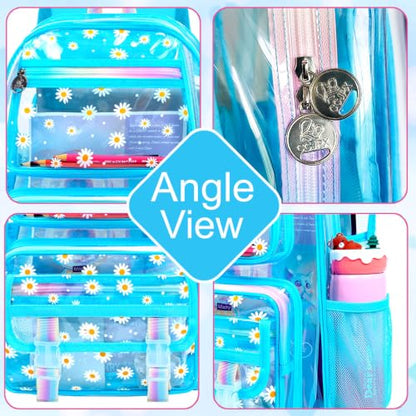 KLFVB Clear School Backpack Heavy Duty, 3PCS Girls See Through Bag Set, Cute Transparent Bookbag for Women - Chrysanthemum Sky Blue - color: Chrysanthemum Sky Blue Clear Backpack