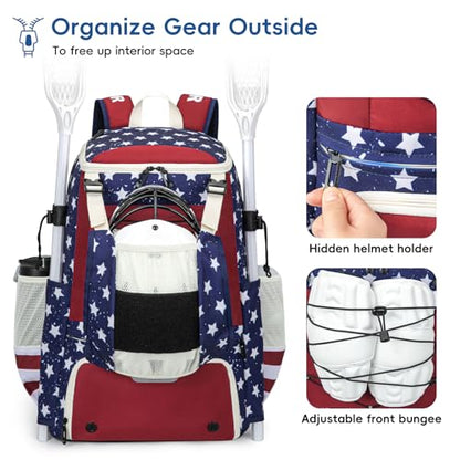 KAVIGOR Lacrosse Bag 65L, Extra Large Lacrosse Gear Backpack with Multi-Pocket Design, Helmet Holder & Ventilated Shoe Compartment - color: Red White & Blue
