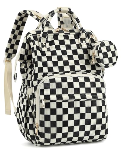 Corduroy Diaper Bag Backpack, Large Capacity Multifunction Baby Diaper Bags for Women, Insulated Bottle Pockets & Pacifier Case, Stylish Travel Nappy Changing Bags for Mom Dad (Checkered Black) - color: Corduroy Checkered Black