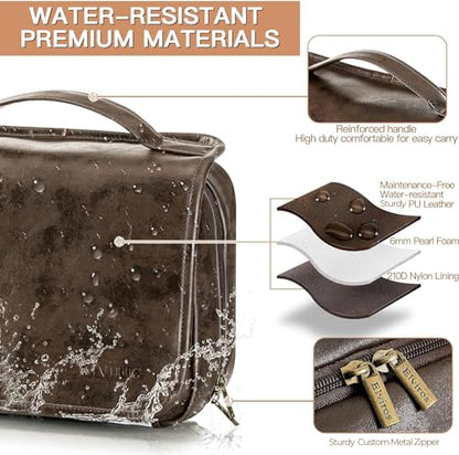 Elviros Hanging Toiletry Bag Removable Travel Bag PU leather Makeup Cosmetic Organizer Kit, Coffee - color: Coffee