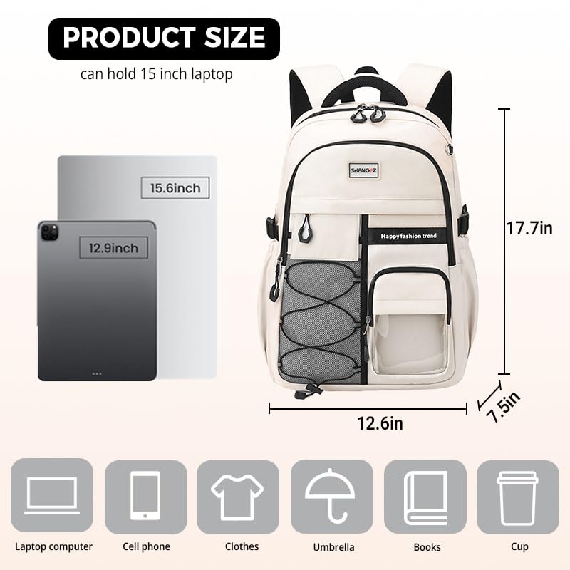 Laptop Backpack Large Cool Aesthetic Waterproof Hiking Travel Backpacks Multiple Pockets Book Bag for College Women Men (Beige) - color: Beige