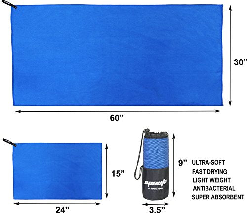 EPAuto 2-Pack Microfiber Quick Dry Towel Set - Lightweight, Super Absorbent & Compact Travel Towels (60"x30" & 24"x15") for Gym, Camping, Beach, Yoga & Backpacking, Blue - color: Blue