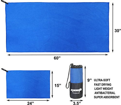 EPAuto 2-Pack Microfiber Quick Dry Towel Set - Lightweight, Super Absorbent & Compact Travel Towels (60"x30" & 24"x15") for Gym, Camping, Beach, Yoga & Backpacking, Blue - color: Blue