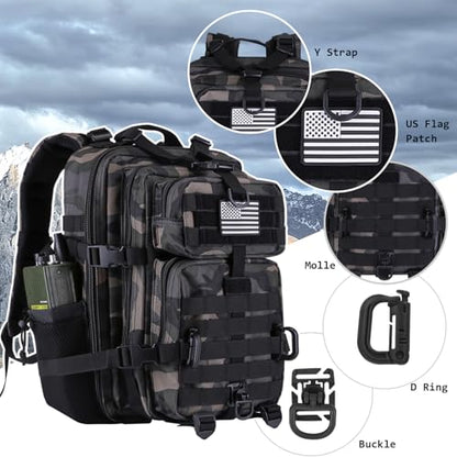 Hannibal Tactical 30L MOLLE Assault Pack, Tactical Backpack Military Army Camping Rucksack with Bottle Holder, 3-Day Pack, Black Camo - color: Black Camo, size: 30L