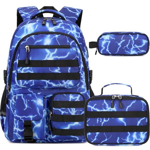 DIGOBAY Camo Backpack for Boys, Tactical Boy Backpacks for School, Kids Backpack With Lunch Box Pencil Case USB Charging Port Military Army SchoolBags for Boy Teens Kids Elementary Middle High School - color: Lightning Blue
